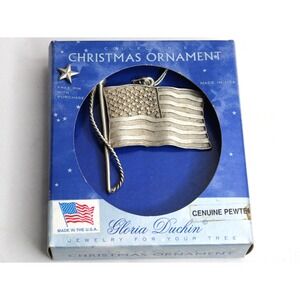 Gloria Duchin 2002 Pewter American Flag Christmas Tree Ornament New in box VTG